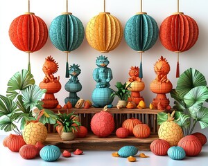Colorful decorative lanterns and figurines arranged on a wooden display