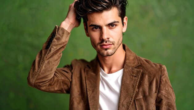 Attractive young man with styled hair in a brown corduroy jacket and white tee, against a muted green background. His gaze is direct - Powered by Adobe