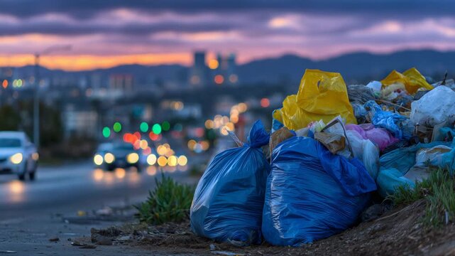 A vibrant scene of torn blue and yellow garbage bags overflowing with trash on an asphalt street, with vehicles reflecting the warm hues of a sunset in the background.