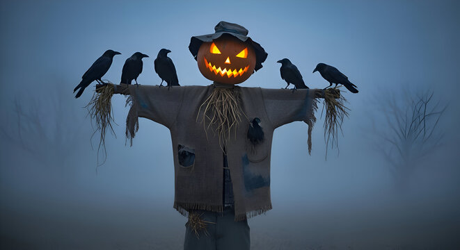 Eerie Halloween Scarecrow with Crows in Misty Field.