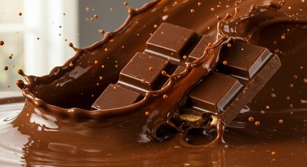 Bursting dark chocolate bar with splashing melted chocolate and rich smooth texture, high-quality gourmet confectionery, indulgent dessert ingredient, decadent chocolate treat