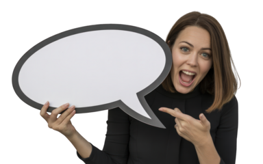 Woman pointing to a blank speech bubble excitedly on transparent background
