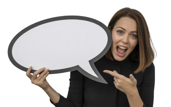 Woman pointing to a blank speech bubble excitedly on transparent background