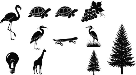 Silhouette collection of flamingo, turtles, grapes, heron, skateboard, light bulb, giraffe, pine trees in black vector design for nature illustration