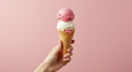 Ice cream cone with two scoops on pink background