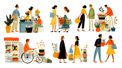 A colorful drawing of several small scenes depicting people shopping in different places