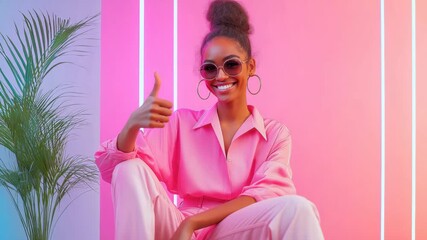 Stylish woman in pink outfit giving thumbs up against neon and tropical backdrop - Powered by Adobe