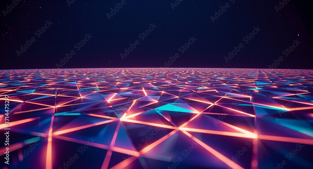 Wall mural silver metallic grid over deep navy surface with holographic rainbow reflections shifting across ang