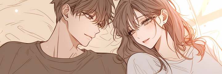Naklejka premium K-Pop Romance Korean Manga Illustration of a Young Couple Hanging Out Banner