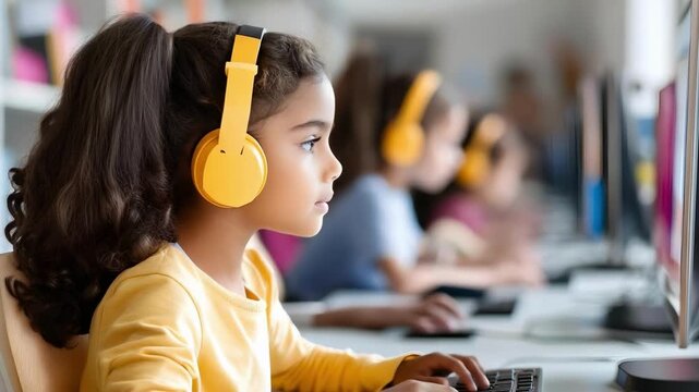 A young girl wearing yellow headphones uses a computer in a classroom or computer lab, with others at computers in the background.