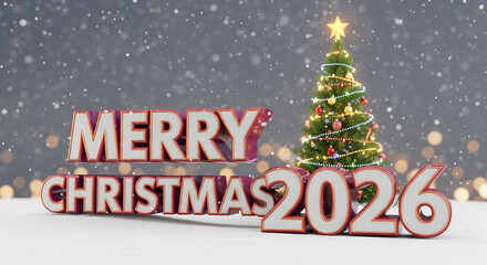merry christmas 2026 with decorated tree and snow
