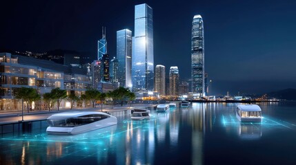 Naklejka premium Futuristic coastal city at night with AI boats and smart glowing port