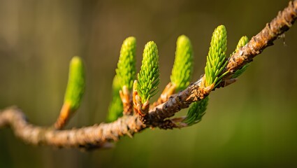 Vibrant Springtime Larch Branch: Close-up of Delicate New Growth, Soft Light, Nature Photography