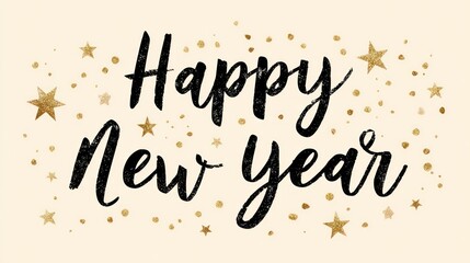 Holiday card "Happy New Year" in script with gold stars on beige background