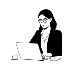 Black and white line art of a beautiful successful career woman working at desk with laptop illustration