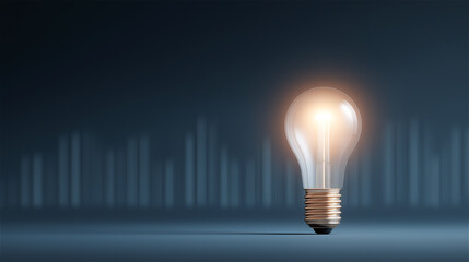 Light bulb glowing against dark background with business chart bars, symbolizing innovation, creativity, success, idea and modern business technology with copy space.