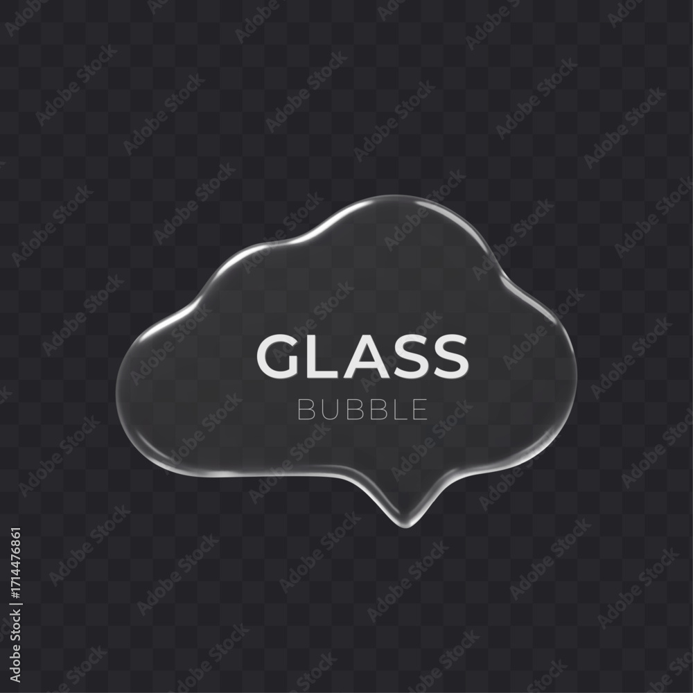 Poster glass speech bubble 3d icon on dark transparent background. message cloud vector object