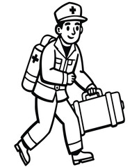 Cartoon illustration of a man with a suitcase and a bag wearing a hat representing a business worker or tourist character