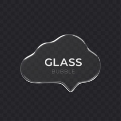 Glass speech bubble 3d icon on dark transparent background. Message cloud vector object