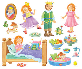 The Frog Prince. Fairy tale. Coloring page. Set of cute illustrations for children