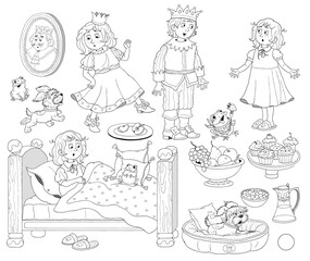 The Frog Prince. Fairy tale. Coloring page. Set of cute illustrations for children