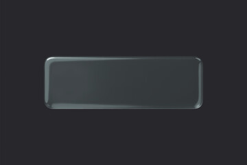 Glass rectangle transparent button on dark background. 3d vector realistic ui icon.
