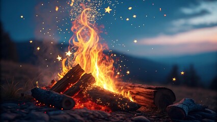 Vibrant campfire with glowing embers and sparks at dusk