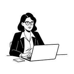Black and white line art of a beautiful successful career woman working at desk with laptop illustration