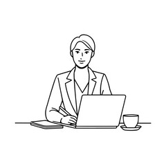 Black and white line art of a beautiful successful career woman working at desk with laptop illustration