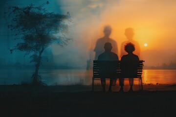 Conceptual video of elderly couple on bench at sunset, younger selves appear as transparent silhouettes symbolizing overlapping timelines