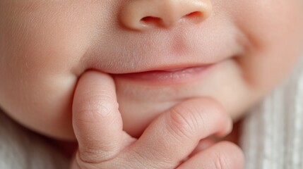 Newborn?s lower face and hand detail; soft skin, small finger touching lip