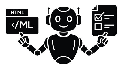 Naklejka premium robot pointing to html code and checklist isolated on white background