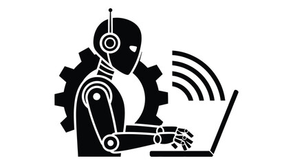 robot working on laptop with wifi signal and gear isolated on white background