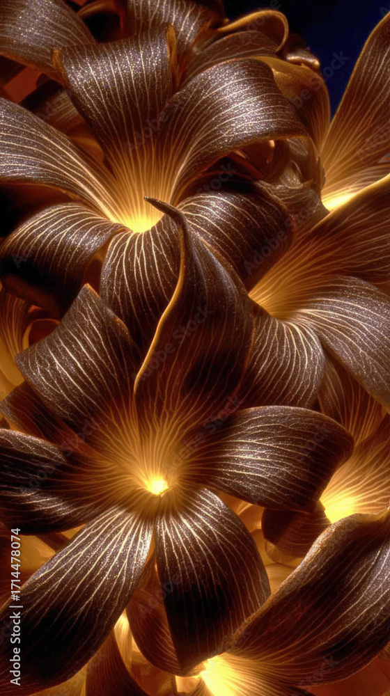 Poster glowing abstract flowers with intricate designs in rich brown and golden hues create a captivating a