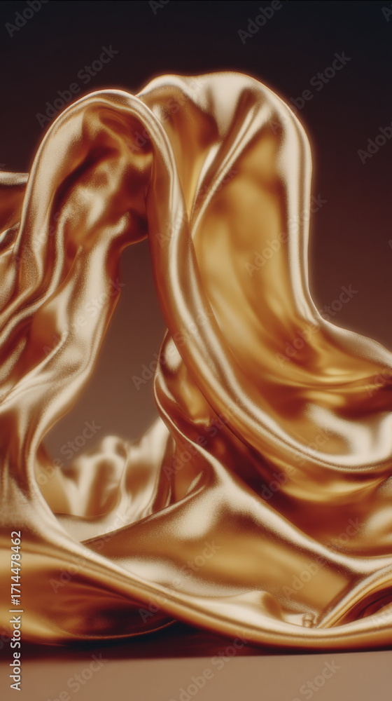 Poster a flowing golden fabric drapes elegantly, showcasing its shiny surface and soft folds that create an