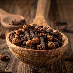 Dried cloves in wooden bowl