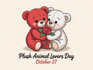 Obraz premium Two adorable cartoon teddy bears hugging a rose for plush animal lovers day
