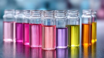 Vibrant Array of Colorful Liquid Samples in Glass Test Tubes on Reflective Surface with Soft Blue and Purple Hues in the Background