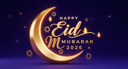 happy eid mubarak 2026 with golden crescent moon and lanterns