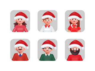 3d character illustration people in Christmas hat 3D rendering. Cartoon close up portrait of Santa Claus. 3D Christmas avatar