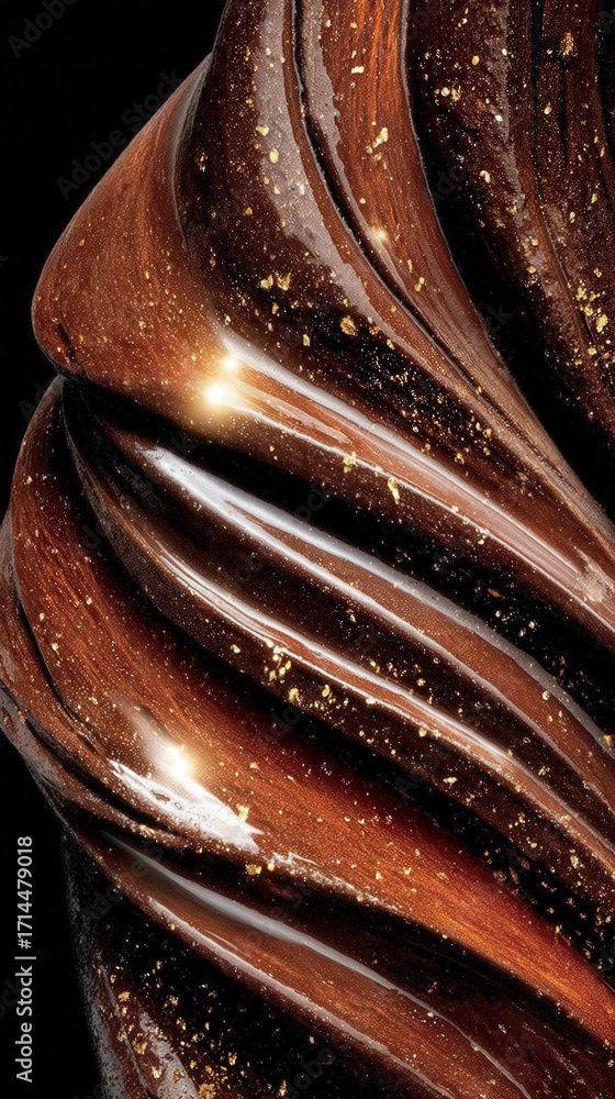 Poster rich, glossy chocolate swirls create an enticing and luxurious texture, highlighting the sheen and d