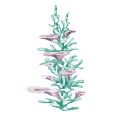 Fantasy green corals with sea mushroom growths. Isolated watercolor illustration of underwater plants for children's prints, clothing, and interior design for themed parties and children's rooms.