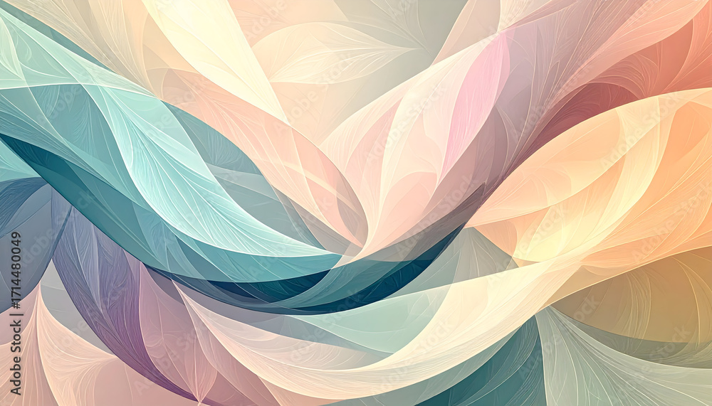 Poster abstract background of flowing, translucent leaf-like shapes in a soft pastel color palette