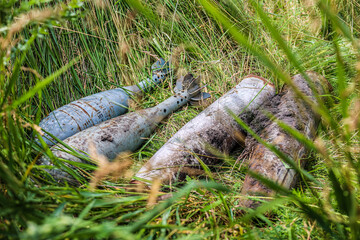 Unexploded mortar shells lying in the grass after military actions