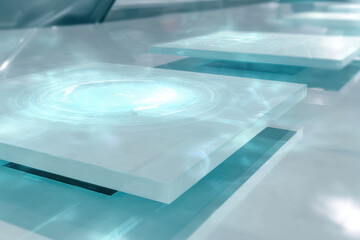 envision futuristic interface composed of transparent panels displaying dynamic graphical elements