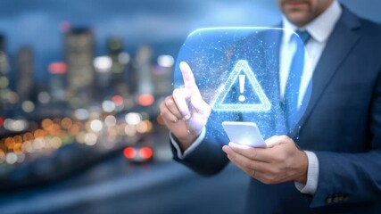 A businessman in a suit holds a smartphone displaying a warning icon, set against a futuristic backdrop of glowing circuits and data streams. - Powered by Adobe