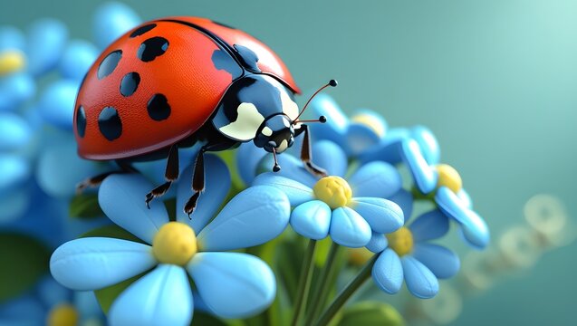 Ladybug on Blue Flowers - 3D Render