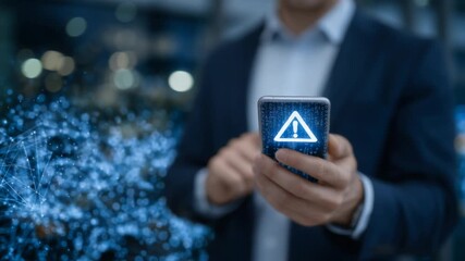A sharp-dressed businessman holds a smartphone with a vivid digital warning icon, set against a dark, intricate network backdrop. - Powered by Adobe