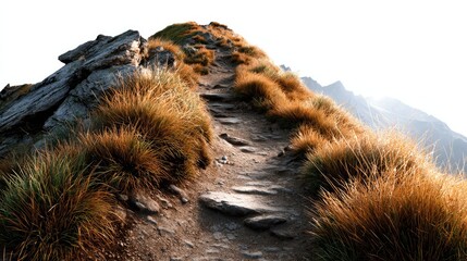 Path to the Summit: A winding path ascends towards the top of a rugged mountain ridge, promising panoramic views, framed by golden grasses that bask in the sunlight, inviting exploration.