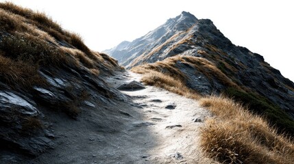 Mountain Trail to Peak: A rugged mountain trail ascends towards a towering peak, evoking feelings of determination and triumph against the backdrop of an awe-inspiring, endless natural landscape. 
